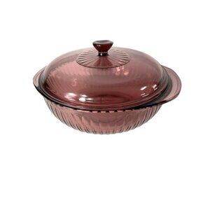 Pyrex Visions 024-S Ribbed Cranberry 2qt Round Casserole Dish with Lid
